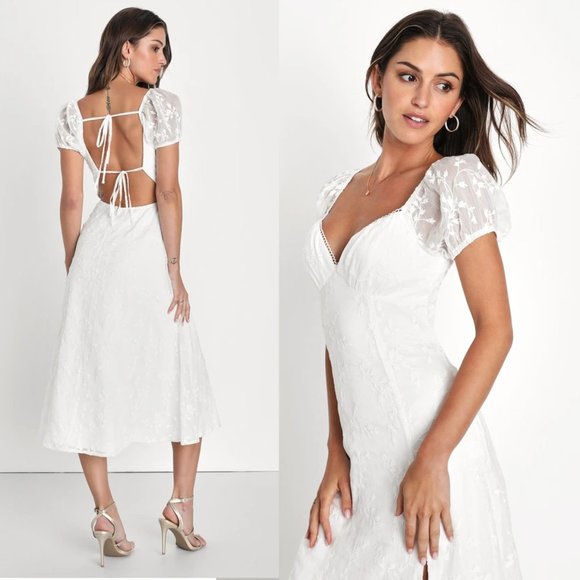 Lulus Dresses & Skirts - Lulus Blossoming with Charm Floral Embroidered Tie-Back Midi Dress w/Puff Sleeve